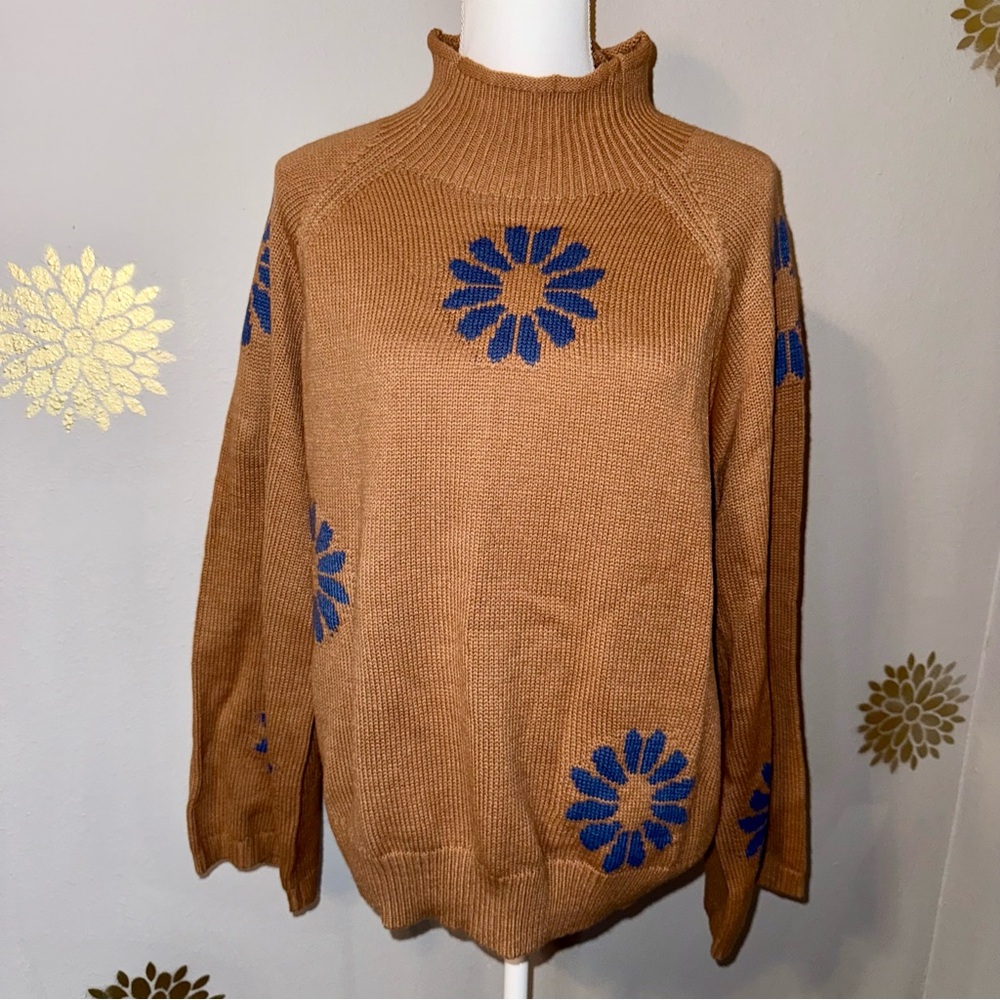 Big Flowers Tan Blue Women’s 2XL Sweater Funnel Neck‎ Bell Sleeves Chic Casual